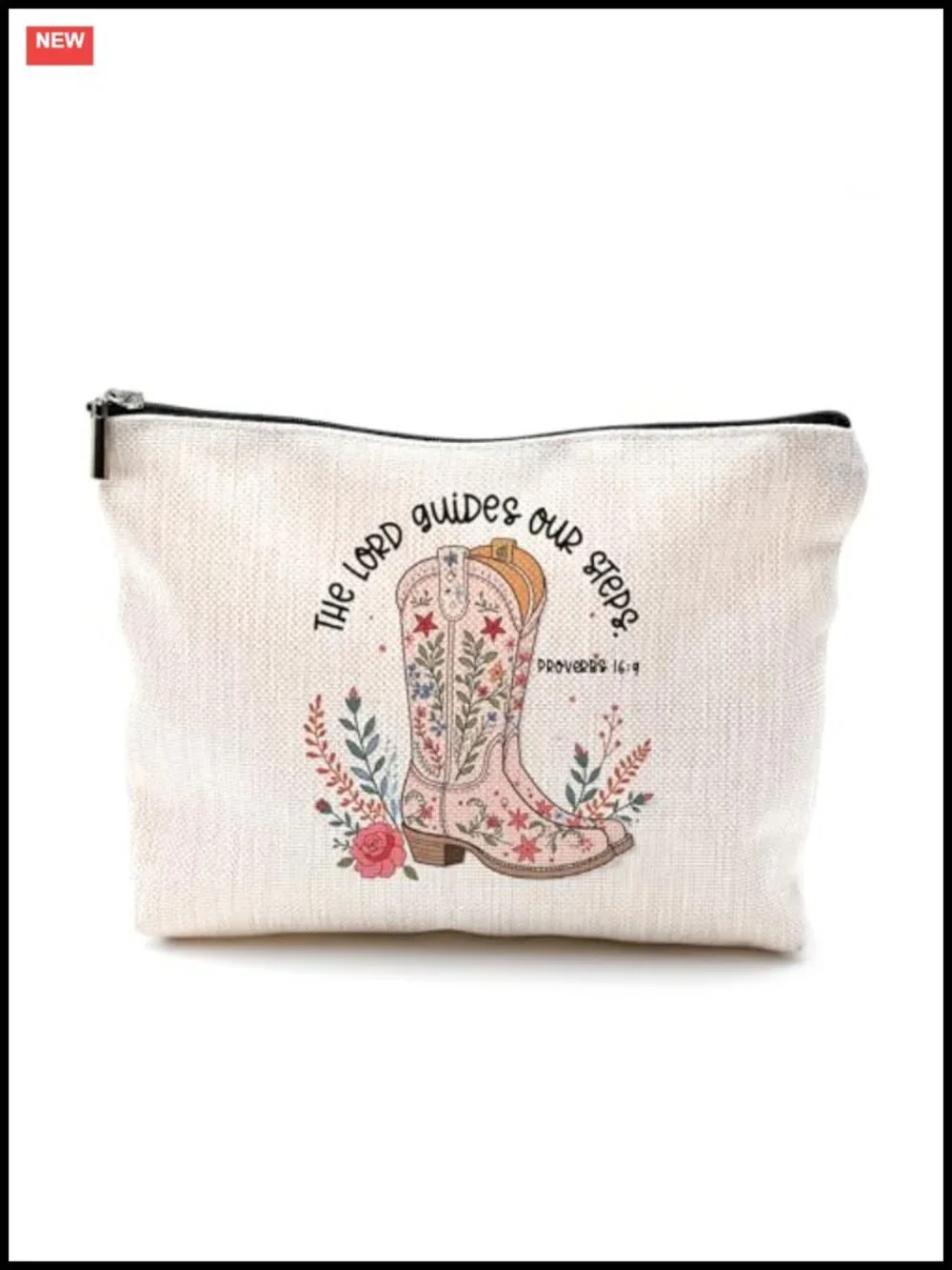 Cowgirl Makeup Bag with Bible Verse, Floral Boots Cosmetic Pouch, Linen Canvas